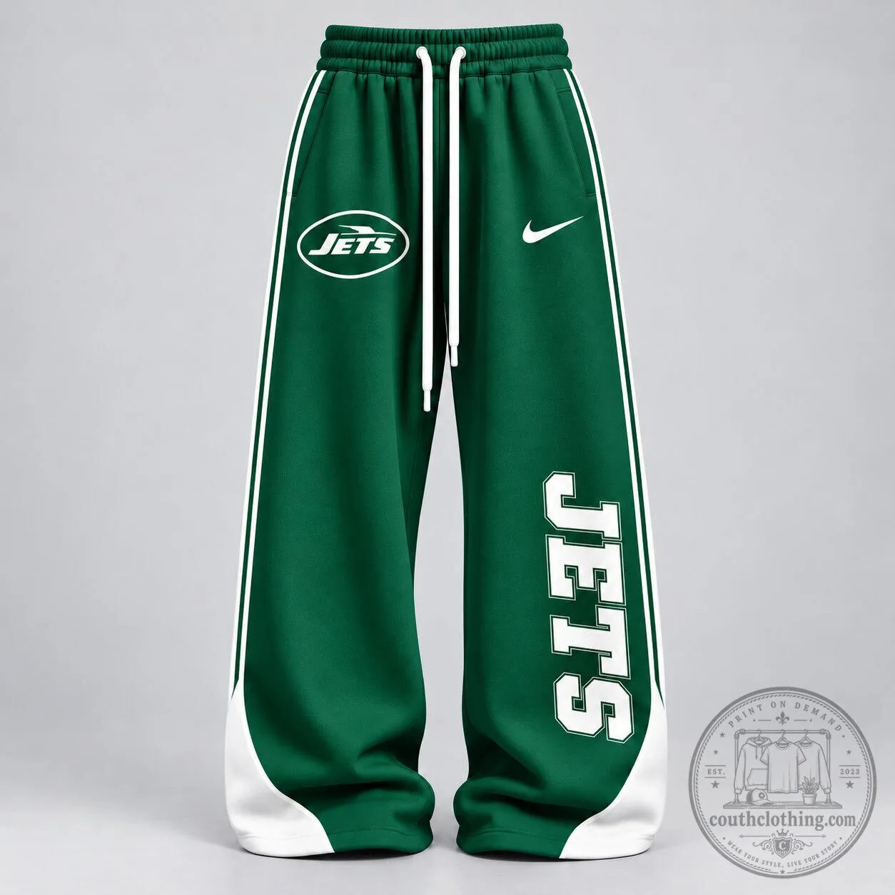 New York Jets NFL Team Logo Green and White Wide-Leg Track Pants