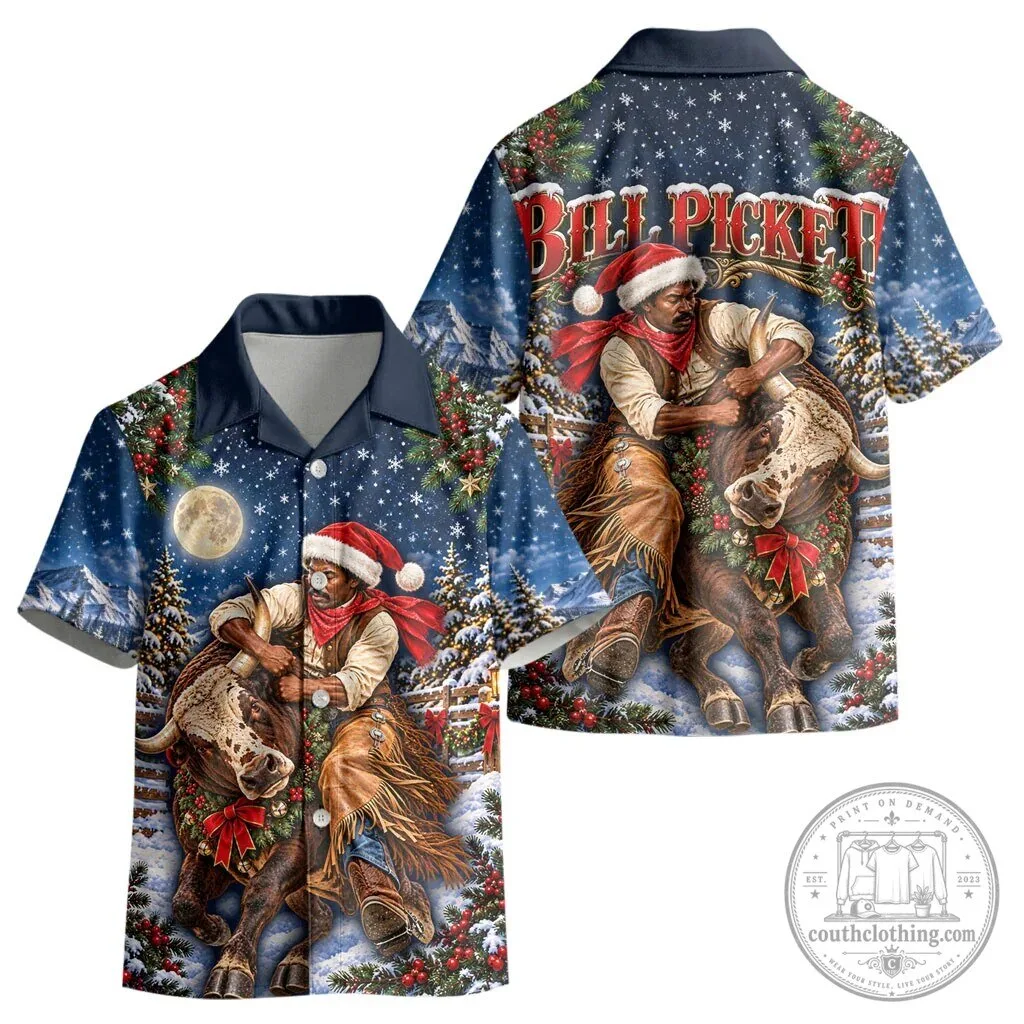 Bill Pickett Christmas Bull Rider Kids Hawaiian Shirt Snowy Winter Rodeo Art 8 Bill Pickett Christmas Bull Rider Kids Hawaiian Shirt Snowy Winter Rodeo Art