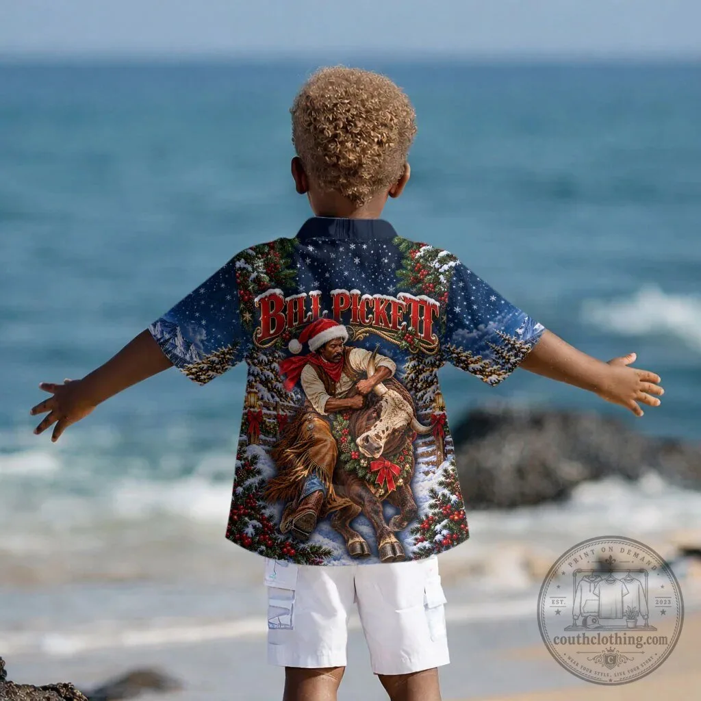 Bill Pickett Christmas Bull Rider Kids Hawaiian Shirt Snowy Winter Rodeo Art 9 Bill Pickett Christmas Bull Rider Kids Hawaiian Shirt Snowy Winter Rodeo Art