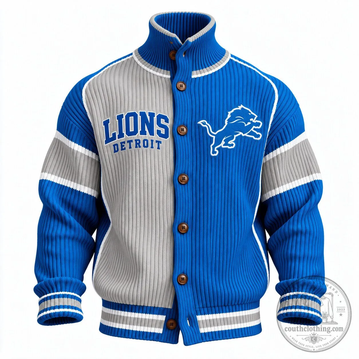 Detroit Lions Knit Varsity Jacket with Button-Up Stand Collar