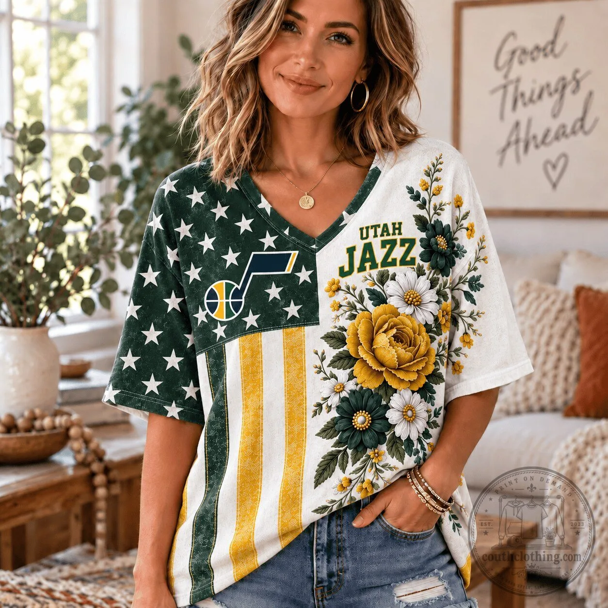 Utah Jazz NBA Fan Shirt for Women, Floral American Flag V-Neck T-Shirt