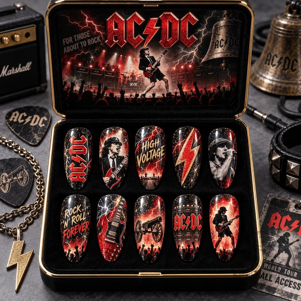 AC/DC Highway to Hell Lightning Bolt Press-On Nails Set for Rock and Roll Fans