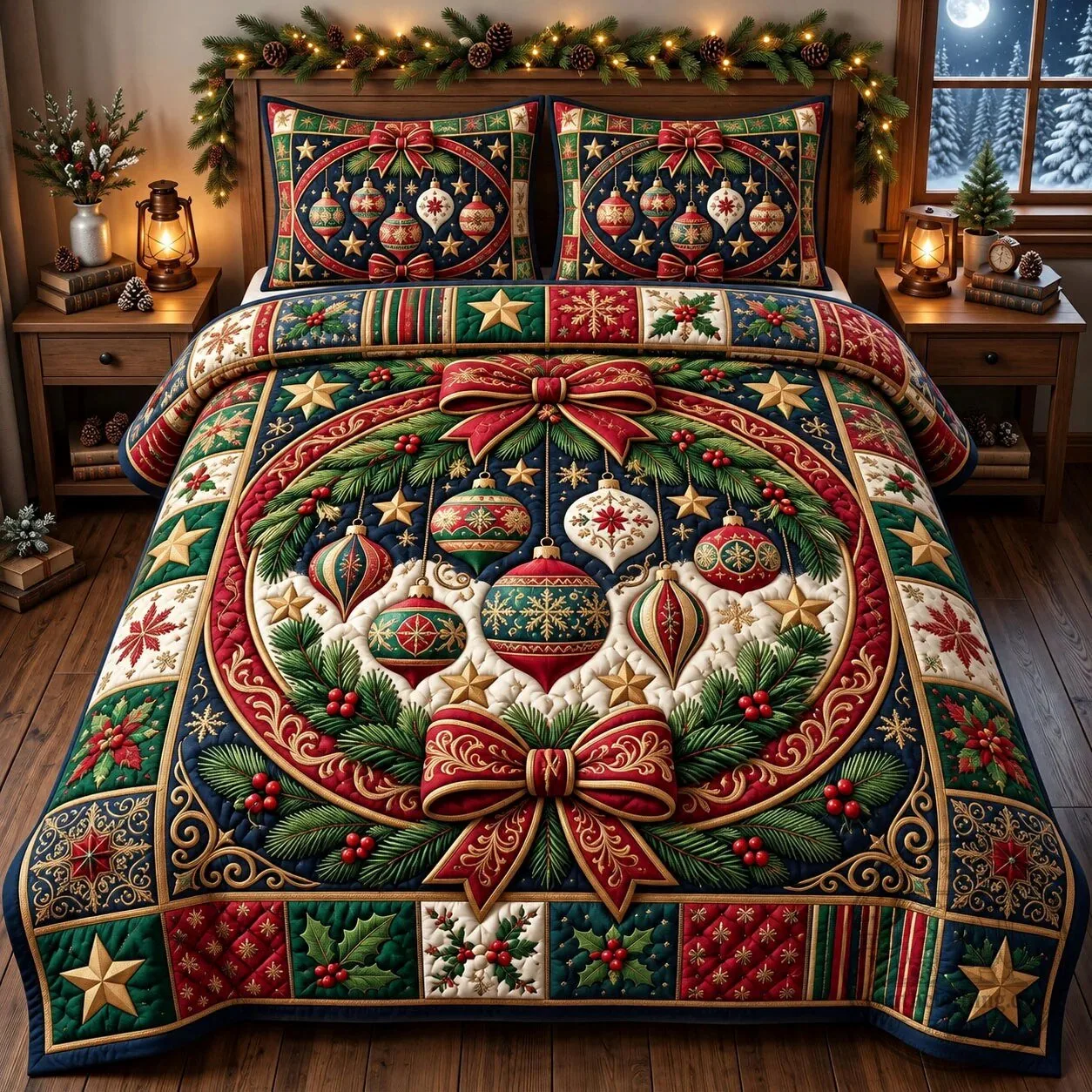Christmas Ornaments Wreath Quilted Bedding Set with Pillow Shams