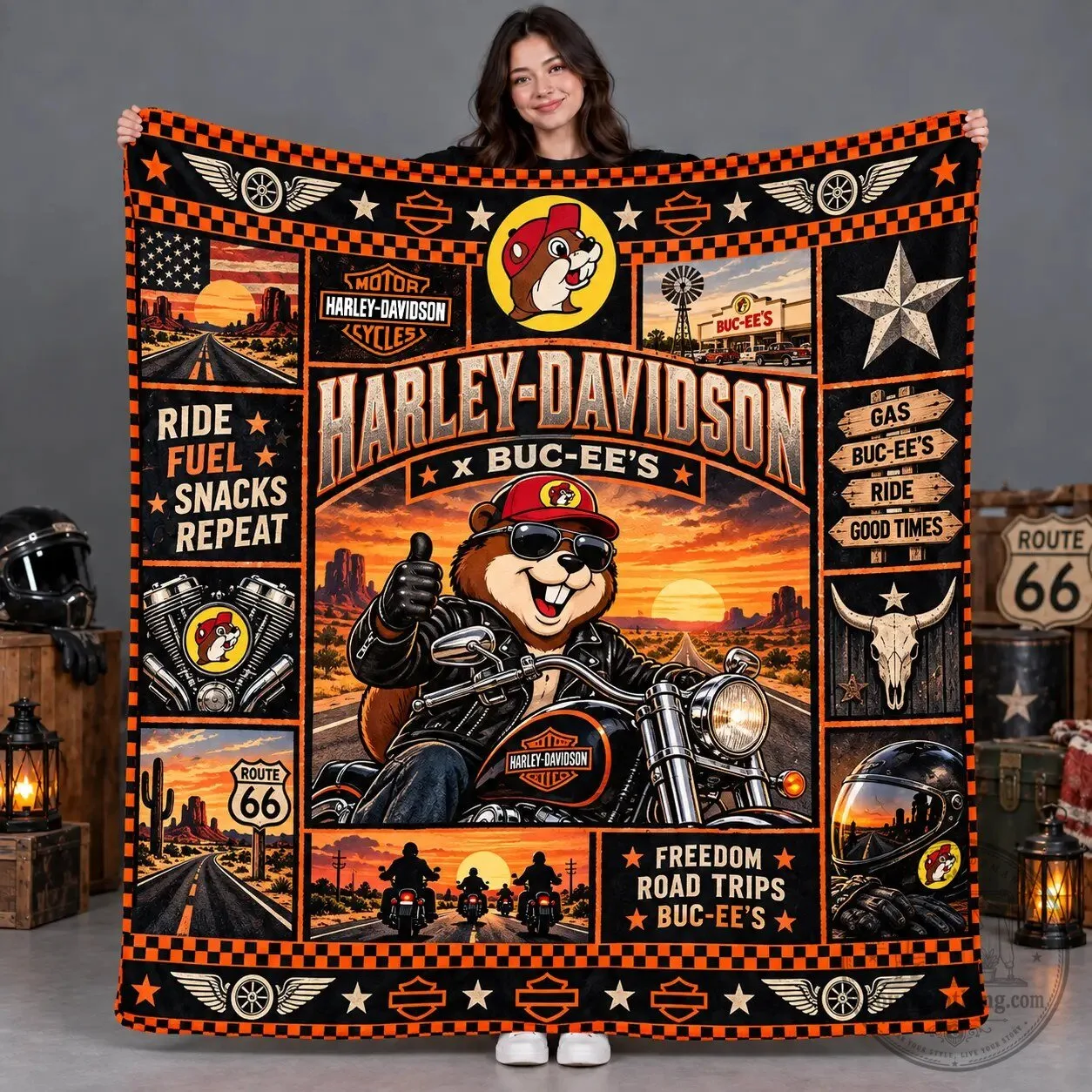 Harley-Davidson Buc-ee's Sunset Cruiser Fleece Blanket for Motorcycle Riders