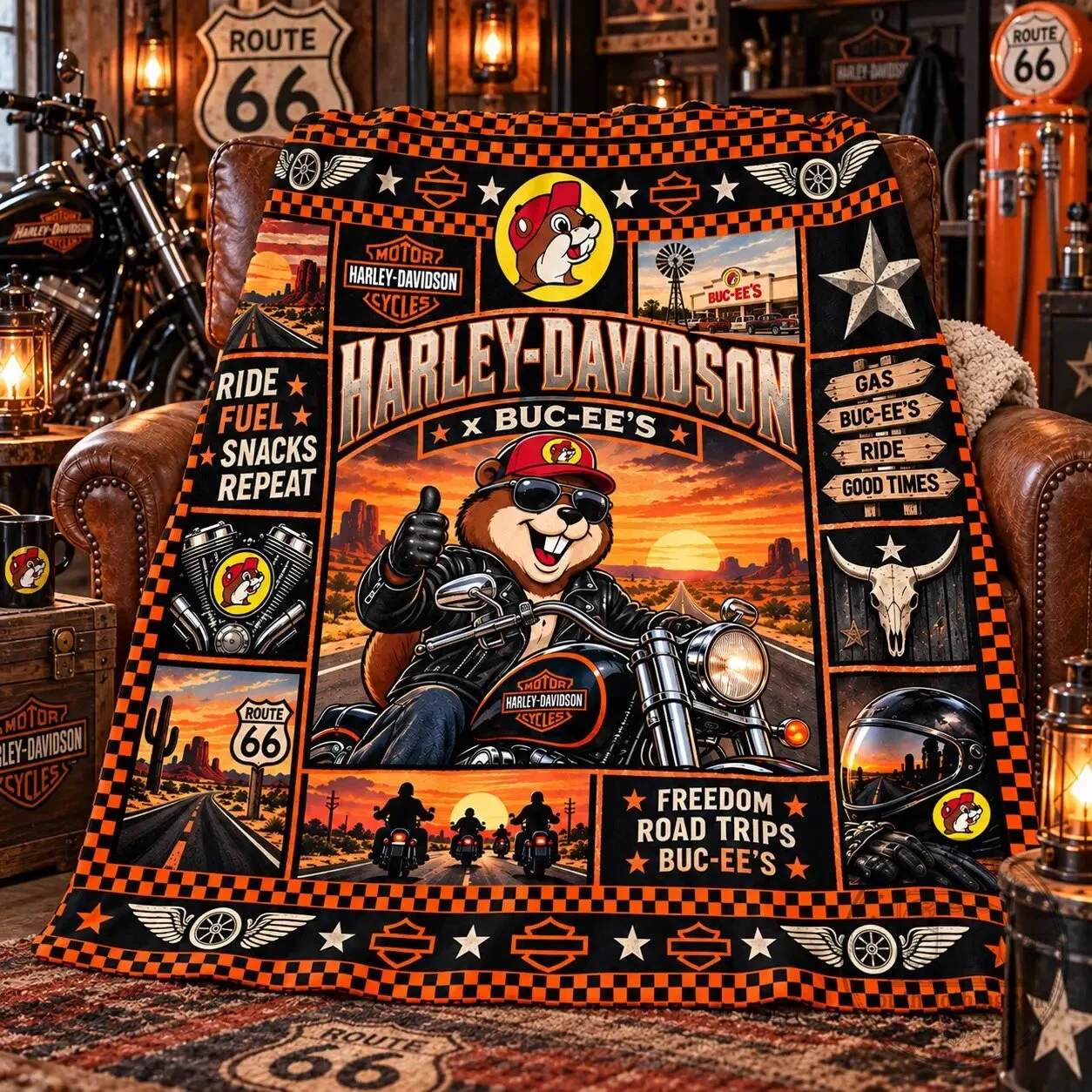 Harley-Davidson Buc-ee's Sunset Cruiser Fleece Blanket for Motorcycle Riders 5 Harley-Davidson Buc-ee