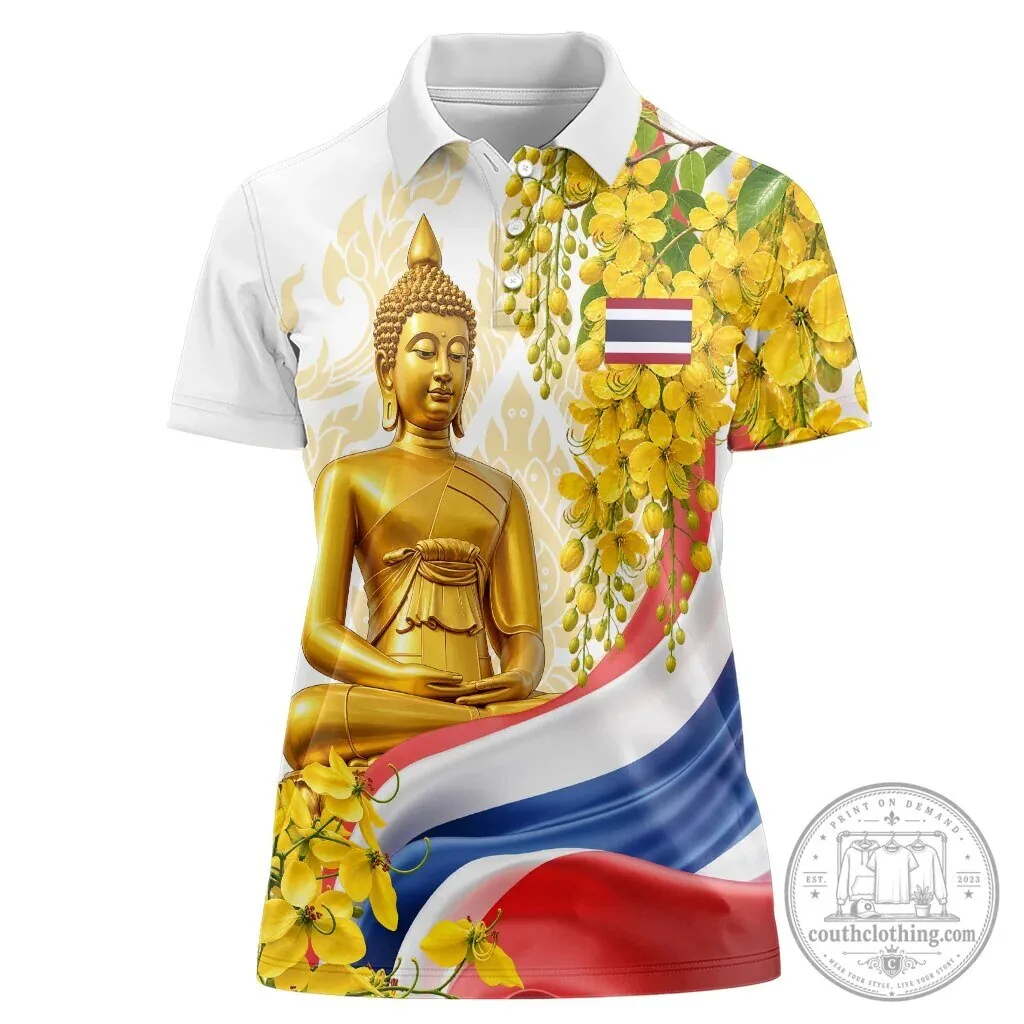 Thailand Golden Buddha Elephant Women's Polo Shirt Thai Culture Heritage Temple Art