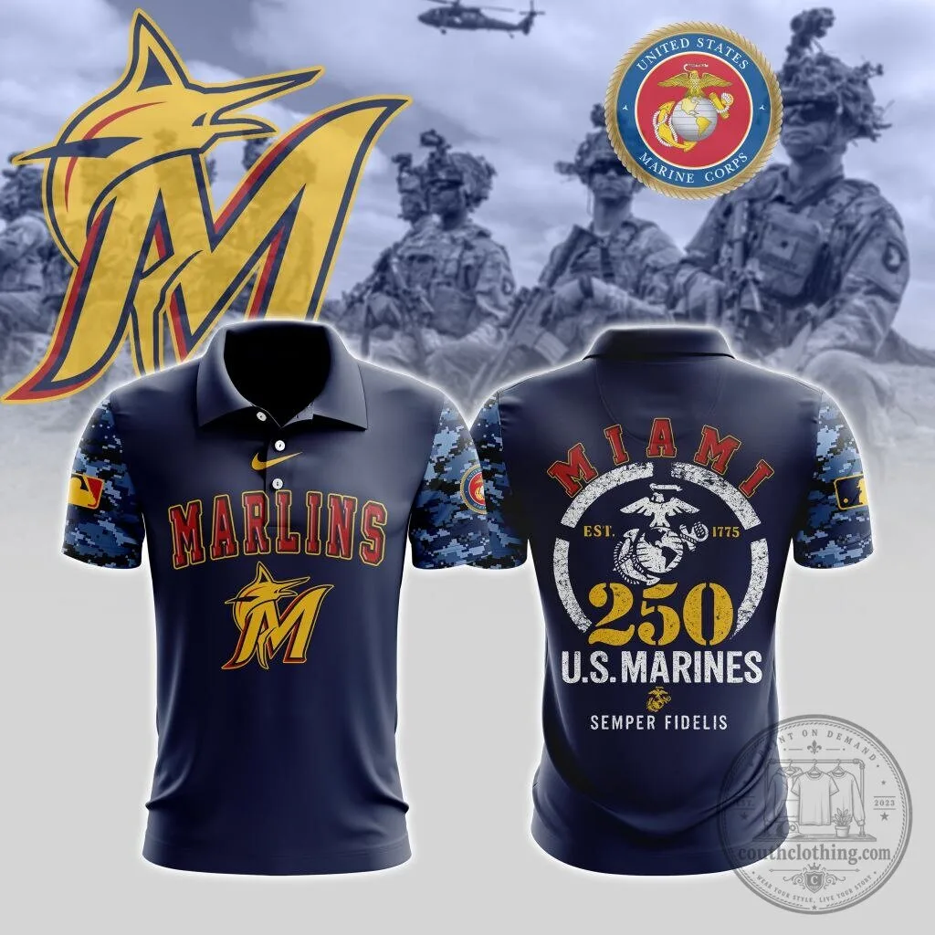 Miami Marlins United States Marine Corps 250th Birthday Polo Shirt