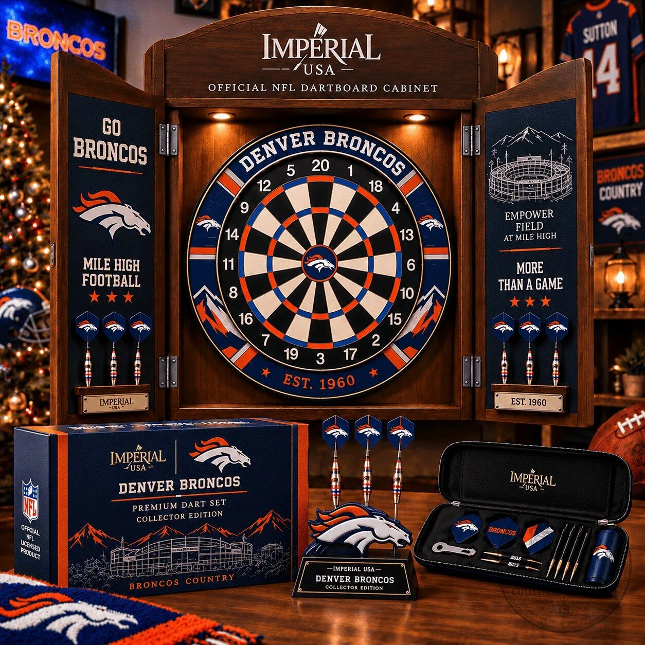 Denver Broncos Official NFL Dartboard Cabinet Set with Darts and Scoreboard