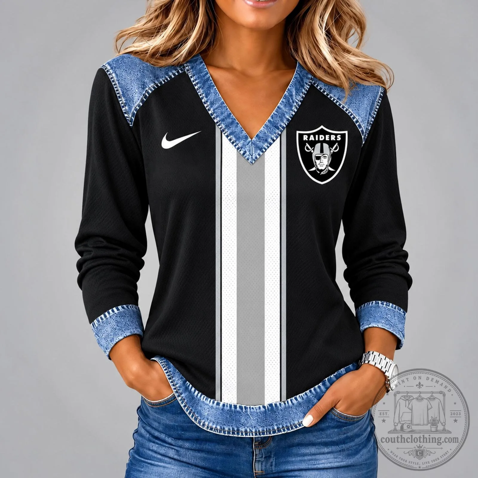 Las Vegas Raiders NFL Football Team Long Sleeve V-Neck Shirt for Women