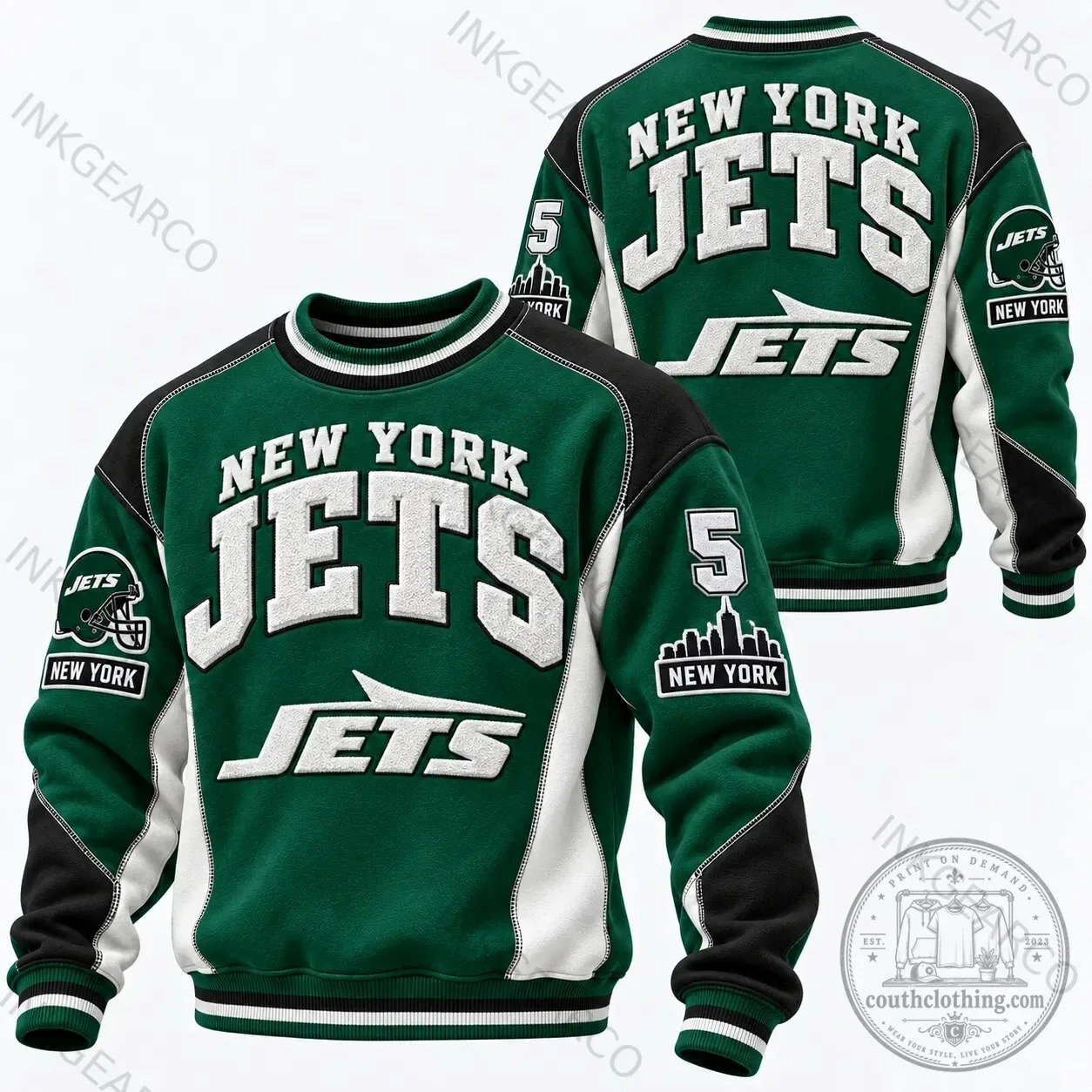 New York Jets American Football Team Green and White Crewneck Sweatshirt