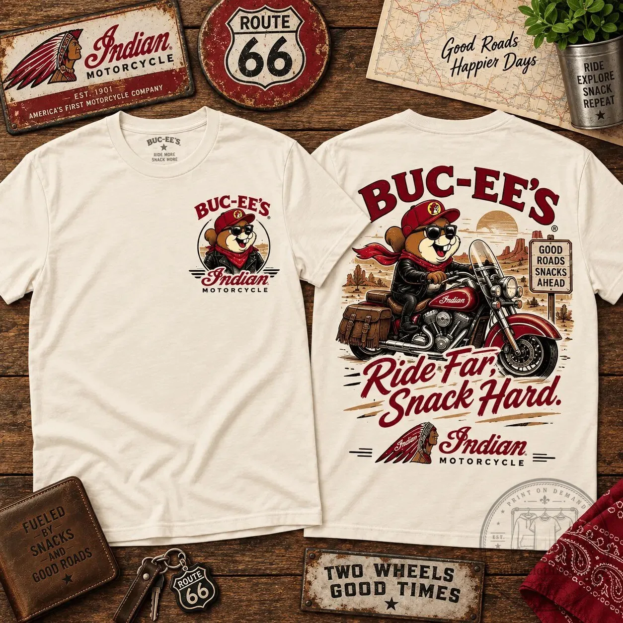 Buc-ee's Indian Motorcycle Route 66 Ride Far Snack Hard T-Shirt