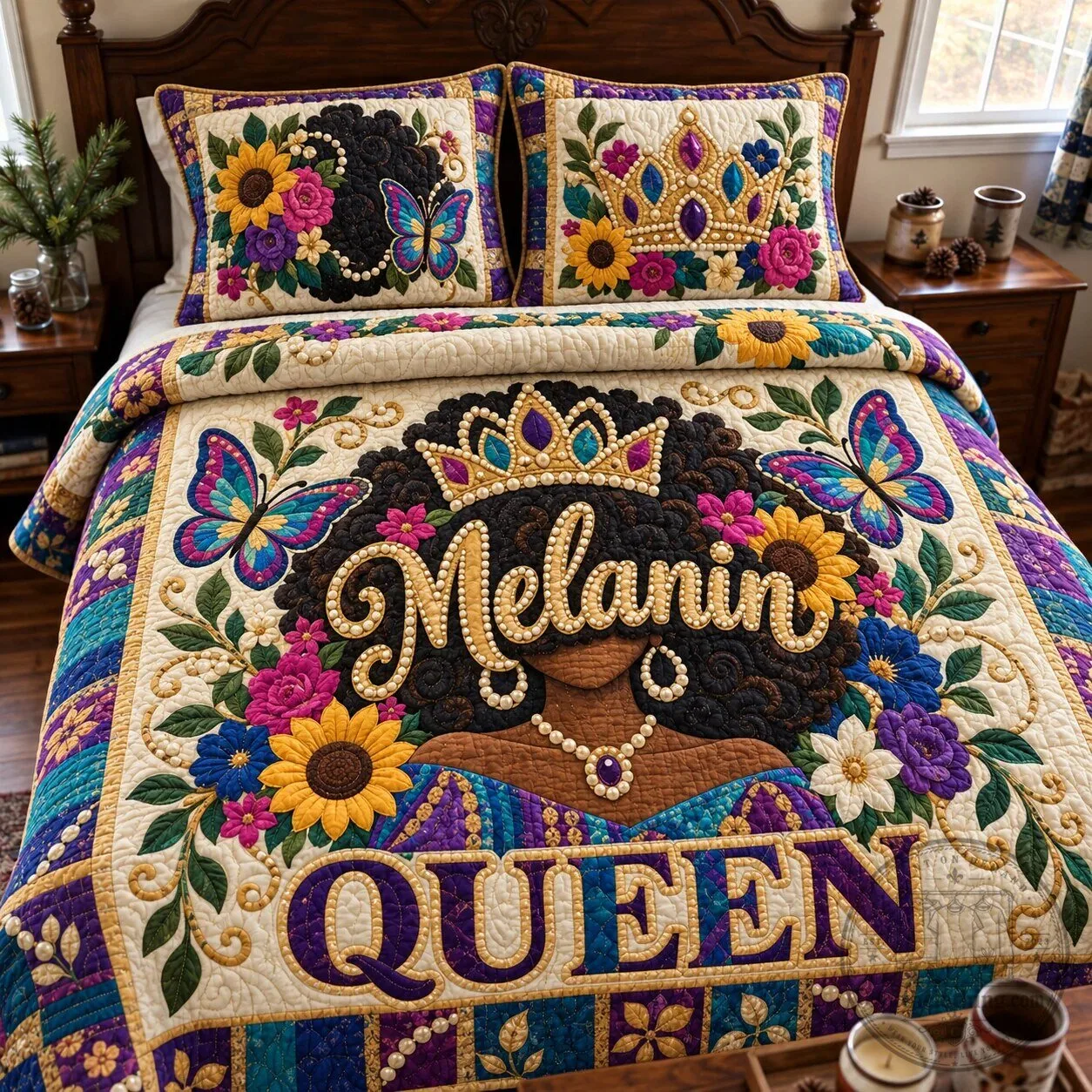 Melanin Queen Floral Crown Butterflies Quilted Bedding Set 7 Melanin Queen Floral Crown Butterflies Quilted Bedding Set