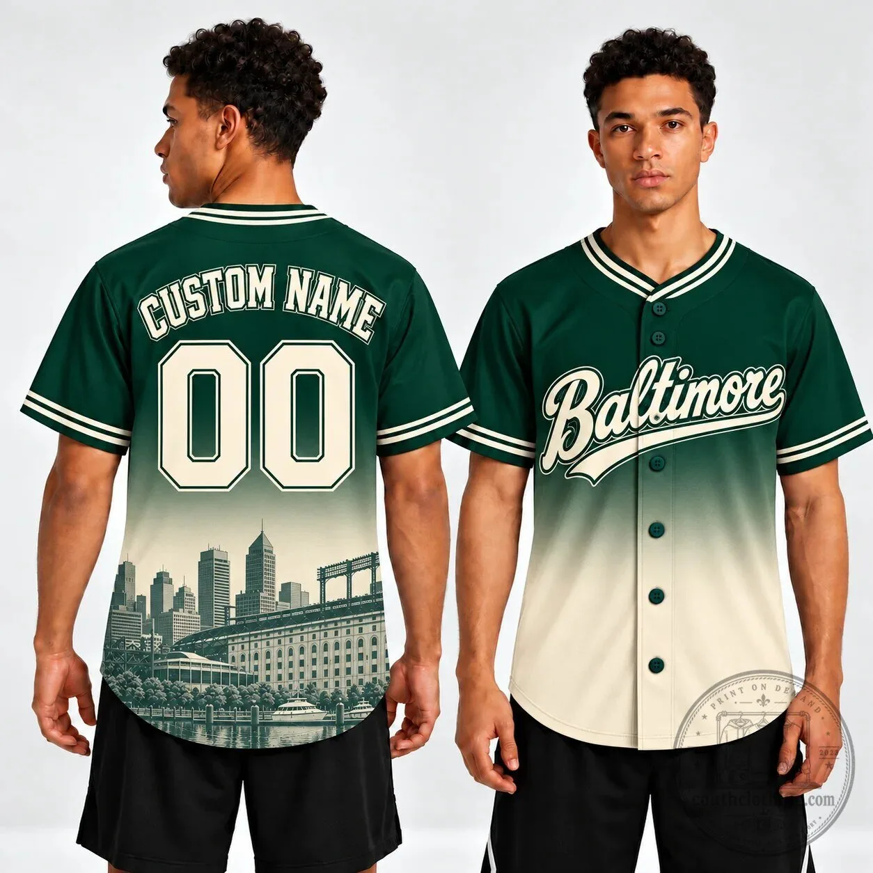 Baltimore City Skyline Ombre Green and Cream Custom Baseball Jersey 4 Baltimore City Skyline Ombre Green and Cream Custom Baseball Jersey