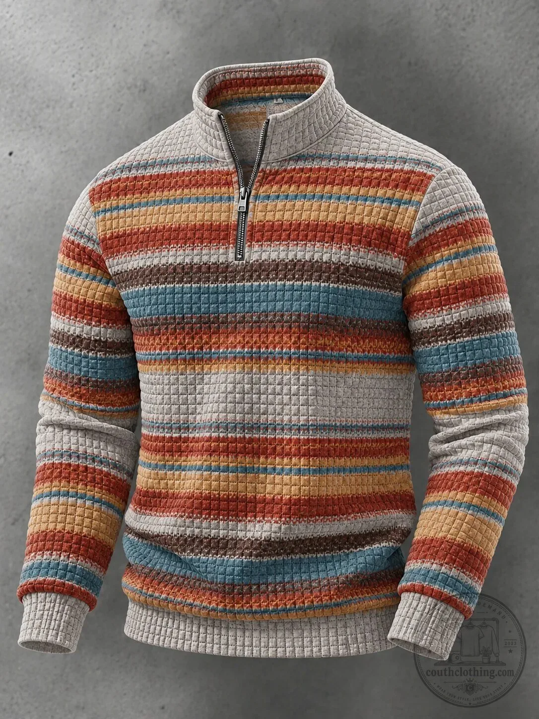 Men's Striped Quarter-Zip Pullover Sweater with Waffle Knit Texture