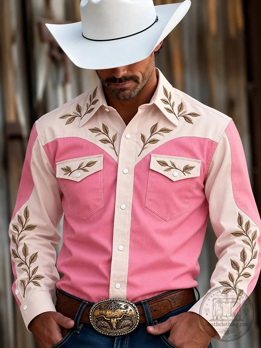 Men's Western Pink Embroidered Leaf Long Sleeve Button-Up Shirt