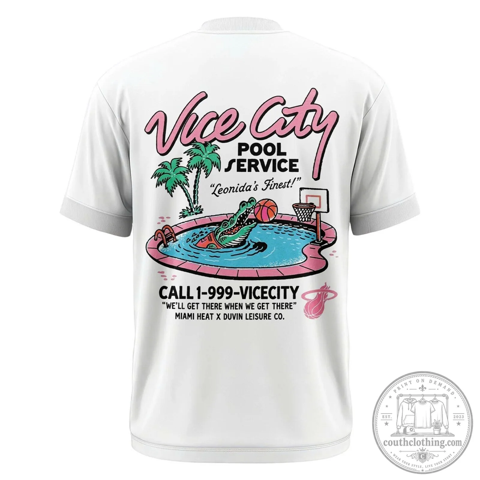 Vice City Pool Service Leonida's Finest Miami Heat White T-Shirt 7 Vice City Pool Service Leonida